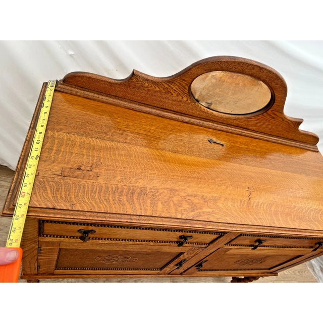 Early 20th Century English Jacobean Revival Carved Oak Buffet, Credenza Barley Twist Legs, Mirror For Sale - Image 11 of 15