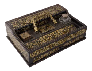 Circa 1880 Italian Napoleon III Inlaid Brass and Lacquered Mahogany Inkwell