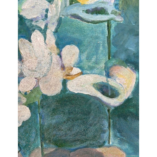 1980s Impressionist Painting of Lady at Lily Pond, Unframed For Sale - Image 5 of 12