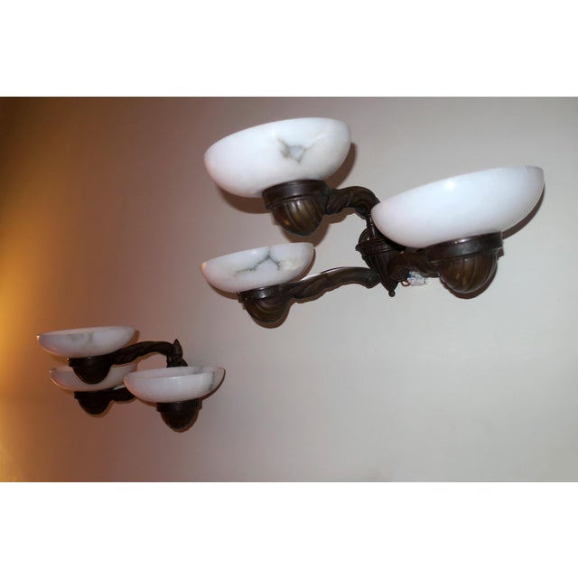 Antique Bronze and Alabaster 3-Arm Wall Lights 1910s, Set of 2 For Sale - Image 5 of 10