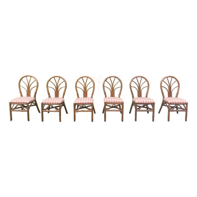 Vintage Rattan Dining Chairs - Mid Century Coastal Bamboo Dining Set - Palm Beach Regency Boho Kitchen Chairs (Set of 6) For Sale