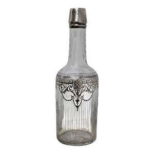 Vintage Art Nouveau Cut Etched Glass Bottle W/Stopper in Sterling Silver Overlay