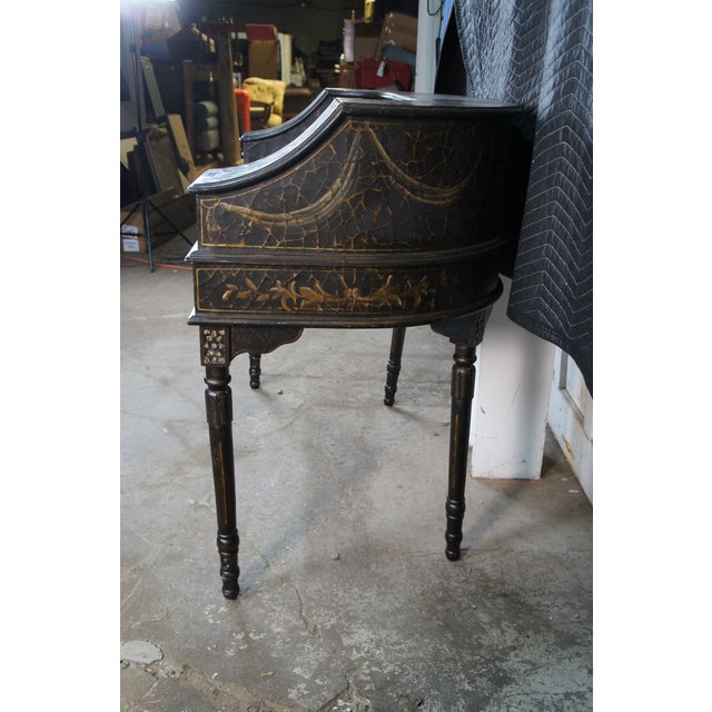 Vintage Black Lacquer Chinoiserie Carlton House Neoclassical Writing Desk For Sale - Image 9 of 17