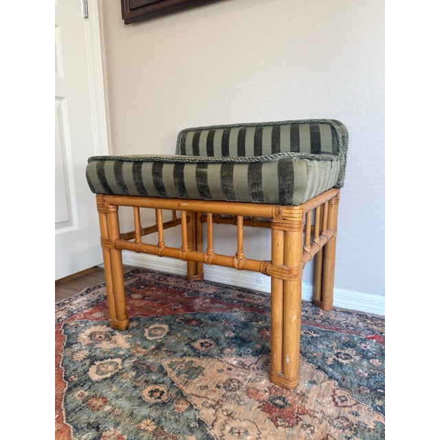 Green Vintage Bamboo & Rattan Upholstered Stool For Sale - Image 8 of 9