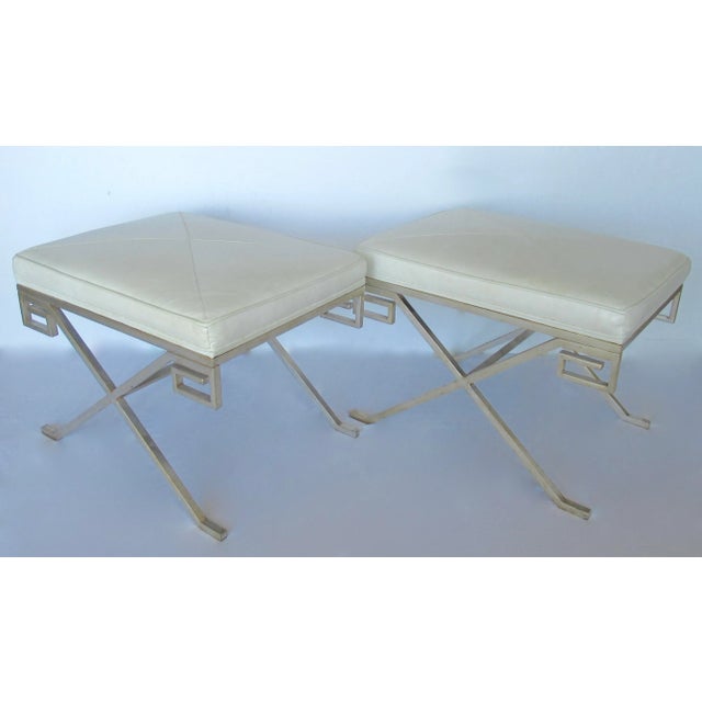 Nancy Corzine C. .2001 Nancy Corzine Gilt Sterling Silver Over Forged Metal "Greek Key," Leather Topped "Marston" Benches For Sale - Image 4 of 18