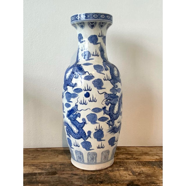 Vintage Asian Blue and Whits Dragon Vase For Sale - Image 11 of 12