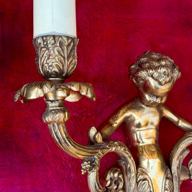 French Louis XV Style Gilt Bronze Cherub Wall Sconces, 1930, Set of 2 For Sale - Image 18 of 18
