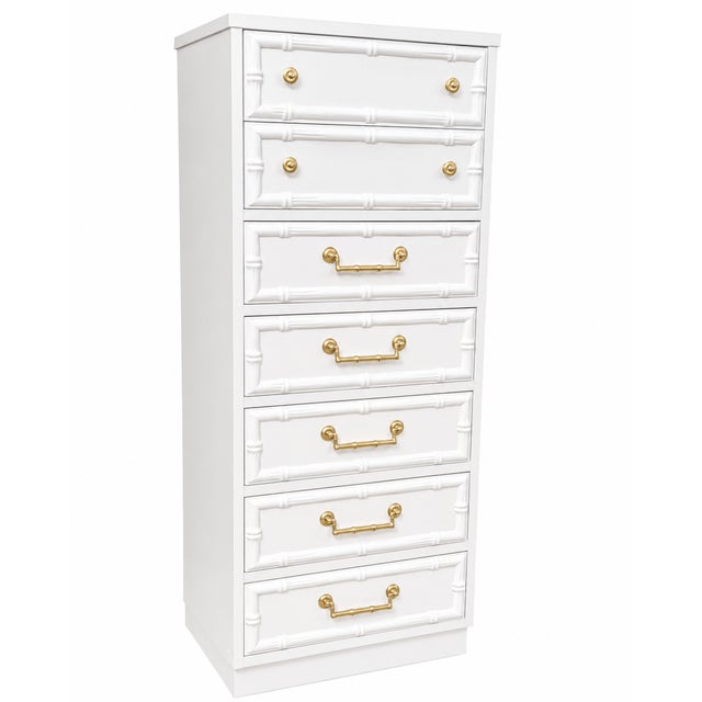Elegant vintage faux bamboo lingerie chest featuring seven drawers with dimensional bamboo-style molding and classic brass...
