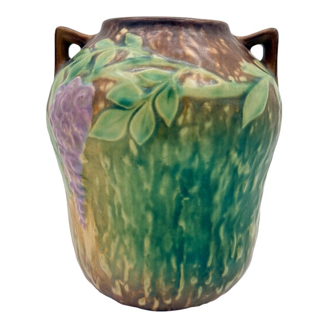 Art Nouveau Wisteria Art Pottery Vase With Handles, Early 20th Century Relief Floral For Sale