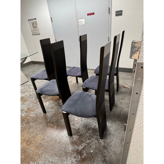 Design Plus Gallery presents a Set of Six Late 20th Century Italian dining chairs Costantini Pietro for Ello Furniture....