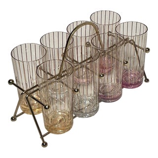 Culver Mid-Century Modern Atomic Multi Color Highball Barware Glasses With Caddy- Set of 8 For Sale