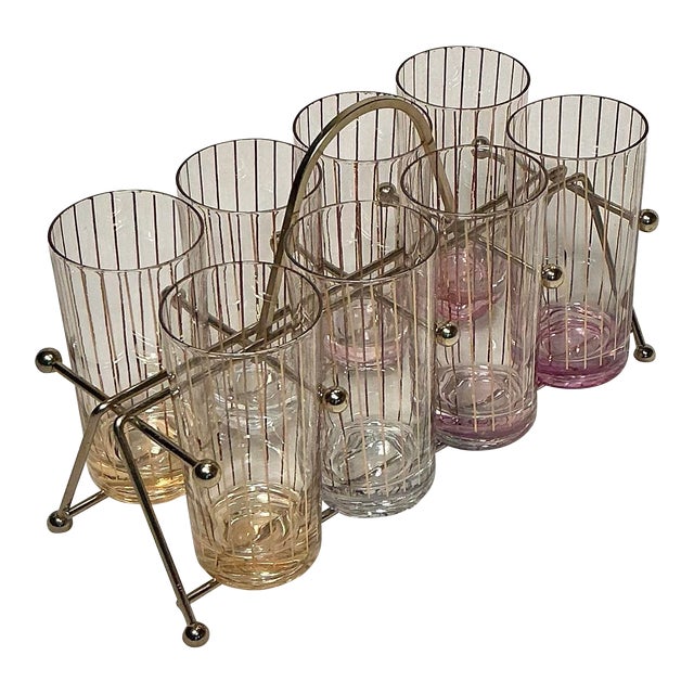 Culver Mid-Century Modern Atomic Multi Color Highball Barware Glasses With Caddy- Set of 8 For Sale
