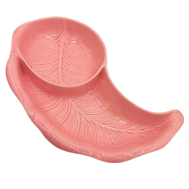 Mid-Century California pottery chips and dip server by Valley Vista, featuring a sculptural banana leaf form in soft blush...