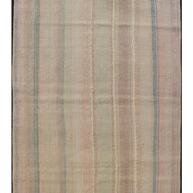 Measures: 3'1 x 5'5 Vintage Turkish Kilim with Soft Pastel Stripes in Sage, Sand, Blush, and Sky. Keivan Woven Arts /...