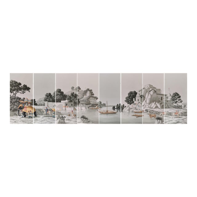 Hand Painted Vintage Indian River Landscape Panoramic Mural Panels For Sale