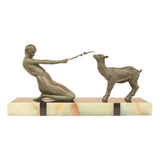 Janle, Art Deco Sculpture, Youth with Goat, France, 1930, Metal on Marble Base For Sale