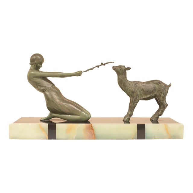 Janle, Art Deco Sculpture, Youth with Goat, France, 1930, Metal on Marble Base For Sale