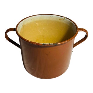 Vintage Large Enamelware Pot Two Handles Curved Lip at Top For Sale