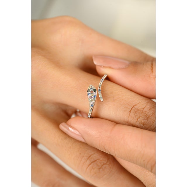 Blue 18k White Gold Open Face Multi Sapphire and Diamond Snake Ring Size 6.5 For Sale - Image 8 of 11