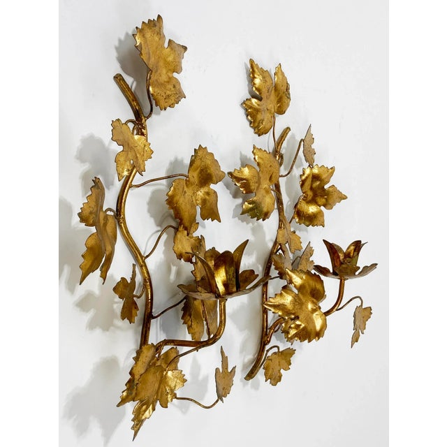 Hollywood Regency Vintage Italian Gilt Tole Metal Wall Candle Sconces, a Pair For Sale - Image 3 of 8