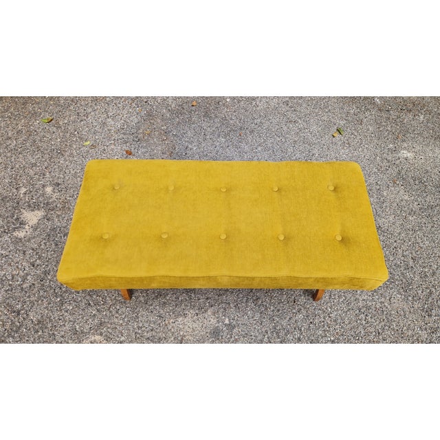 Wood Bench with Light-Colored Crossed Wooden Legs and Yellow Fabric Seat, 1940s For Sale - Image 7 of 10