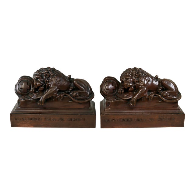 1930's Lion of Lucerne Bronze Finish Metal Bookends by Jennings Brothers Usa-a Pair For Sale