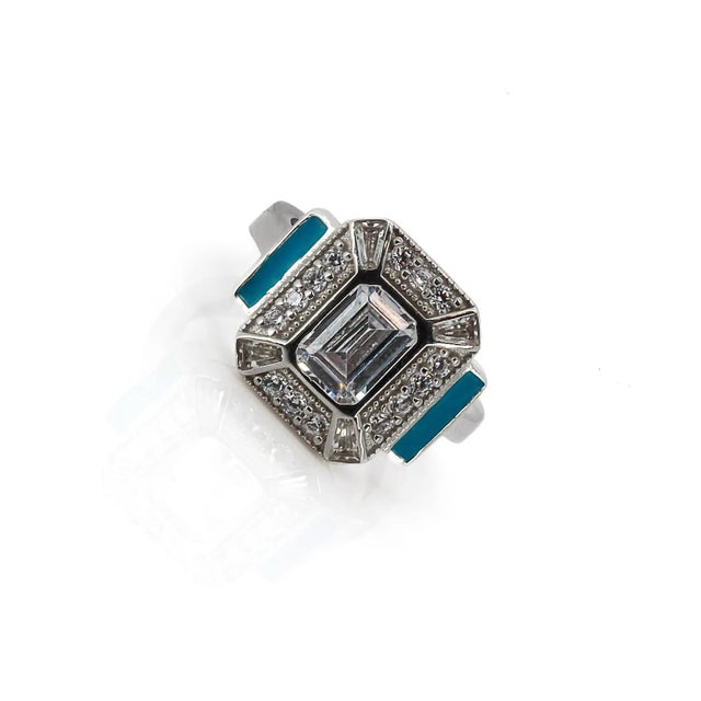 Early 21st Century Sterling Silver Pave Diamond & Turquoise Enamel Ring, Size 5 For Sale - Image 5 of 10