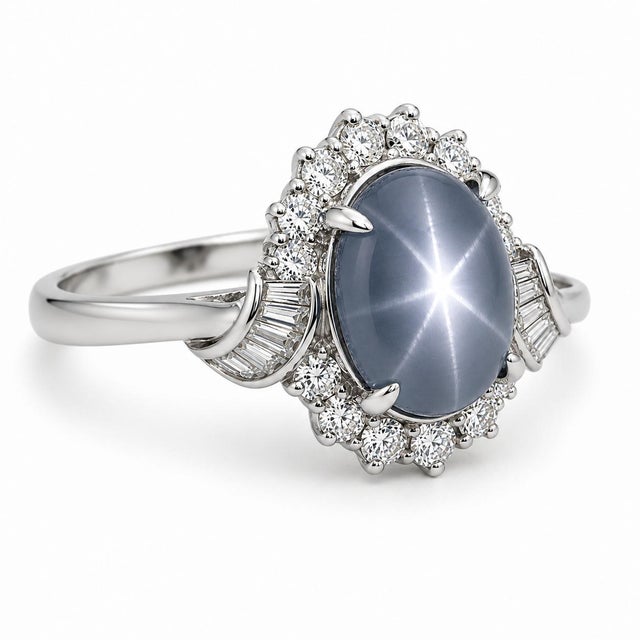 This ring features a blue star sapphire cabochon centerpiece, set in platinum. The star sapphire weighs 7.37 carats. It is...