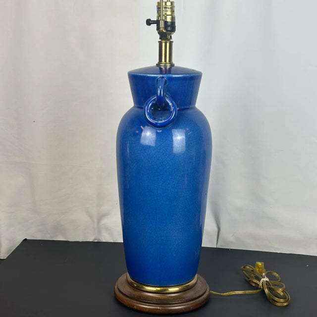 Hollywood Regency Vintage Frederick Cooper Blue Crackle Glaze Ceramic Table Lamp For Sale - Image 3 of 10