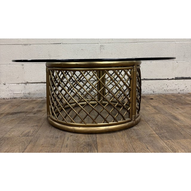 Vintage Boho Style Rattan and Glass Round Coffee Table Cocktail Table For Sale - Image 15 of 15