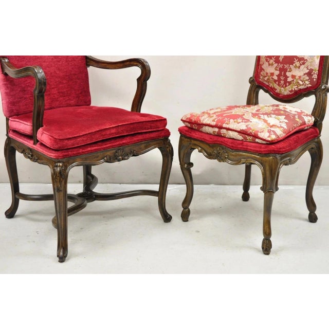 Mid 20th Century Vintage Italian Regency Style Carved Walnut Red Fabric Dining Chairs - Set of 6 For Sale - Image 5 of 12