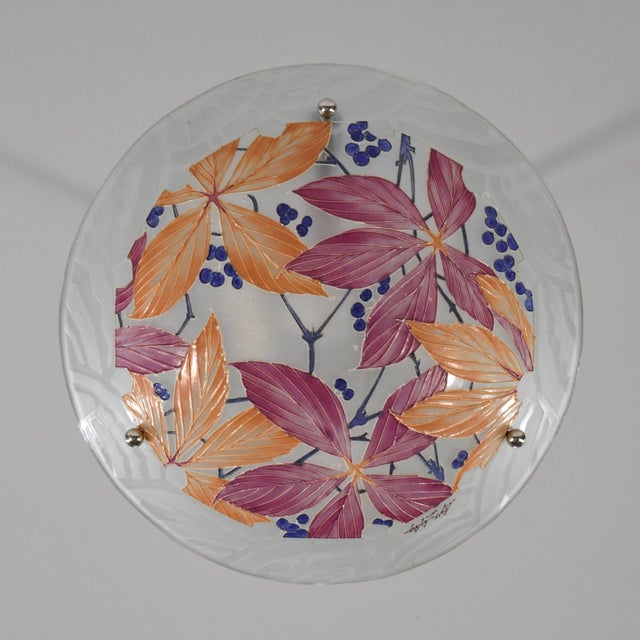 Orange Loys Lucha French Art Deco Pendant Light 1930s - Red Orange Floral Enameled Bowl For Sale - Image 8 of 14