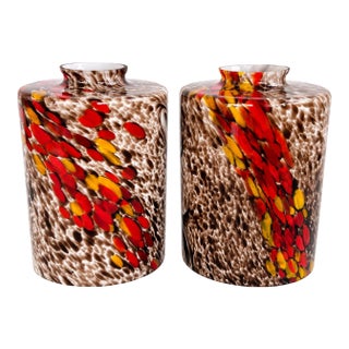 Vintage Hand-Blown Cased Art Glass Lamp Shades With Multicolor Spatter - Pair For Sale