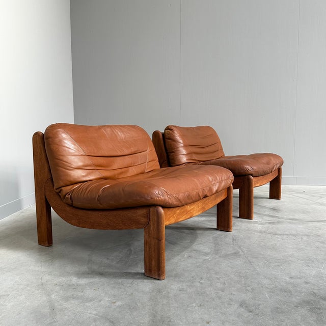 Wood Mid-Century Modern Leather Lounge Chairs, 1970s, Set of 2 For Sale - Image 7 of 13