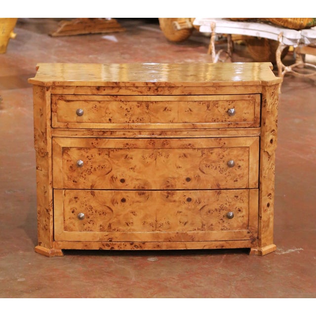 French Mid-Century French Charles X Style Burl Elm Three-Drawer Chest Commode For Sale - Image 3 of 10