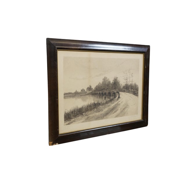 Antique 19th century black and white landscape etching by Louis Kinney Harlow. Copyright 1888. Pencil signed lower left...