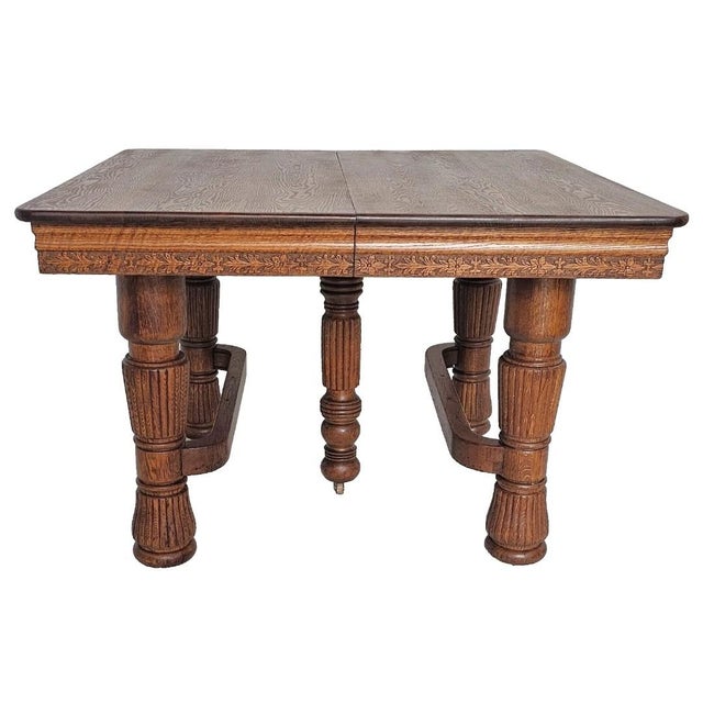 antique dining table 骨董家具 Antique 1900s Solid Oak Expandable Dining Table – Ornate Carved