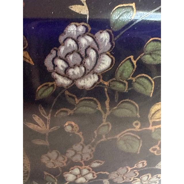 Italian Keramos Capodimonte Cobalt Blue Glaze Ornate Gold Handprinted Peacock and Floral Motif Lidded Round Vase Jar For Sale - Image 16 of 16