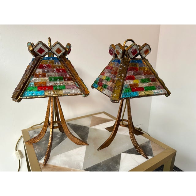 Pair of Hammered Glass Gilt Wrought Iron Lamps by Longobard, Italy, 1970s For Sale - Image 13 of 13