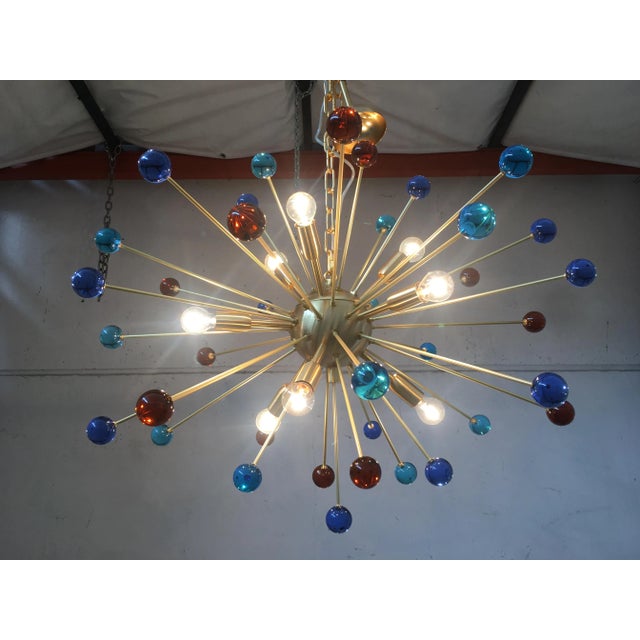 Italian Murano Glass Sputnik Multicolors in Brushed Brass Chandelier For Sale - Image 9 of 13
