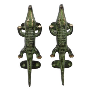 Green Brass Alligator Door Handles - A Pair For Sale