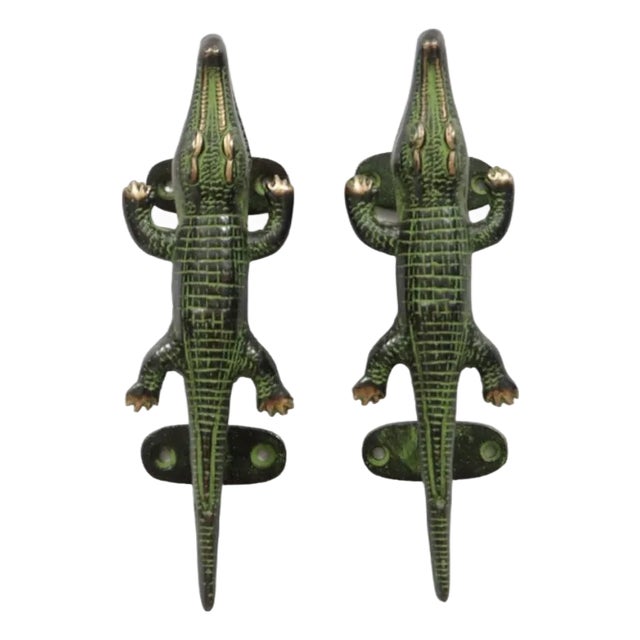Green Brass Alligator Door Handles - A Pair For Sale