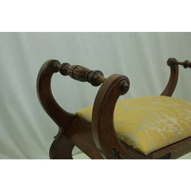 Early 20th Century Handsome Heavily Carved Solid Oak Jacobean Window Bench With Yellow Upholstery For Sale In Philadelphia - Image 6 of 10