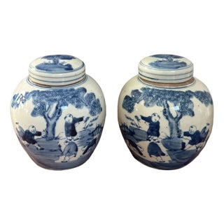 Pair of Small Blue & White Ginger Jars With Classic Chinese Motif For Sale