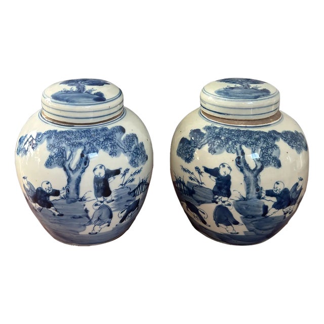 Pair of Small Blue & White Ginger Jars With Classic Chinese Motif For Sale