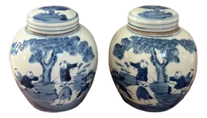 Pair of Small Blue & White Ginger Jars With Classic Chinese Motif