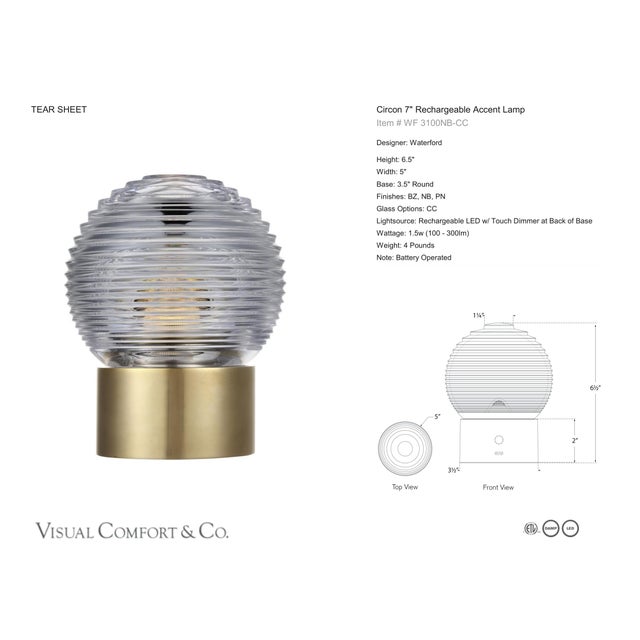 Waterford by Visual Comfort Signature Circon 7" Rechargeable Accent Lamp in Natural Brass with Clear Crystal Designer:...