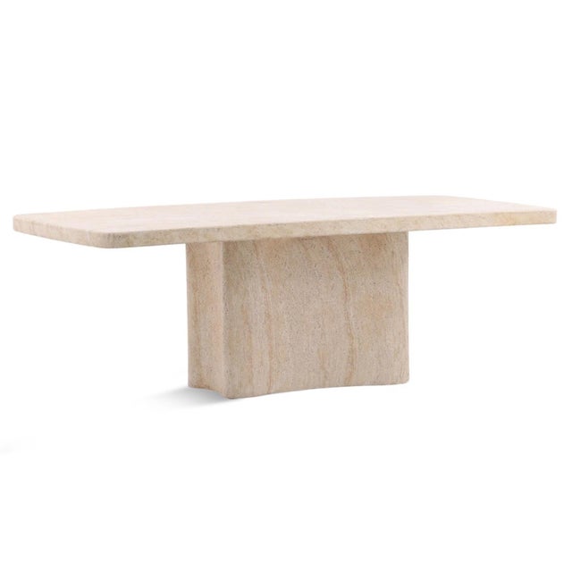 Modern outdoor dining table made from lightweight concrete material. Natural travertine appearance with beige tones,...
