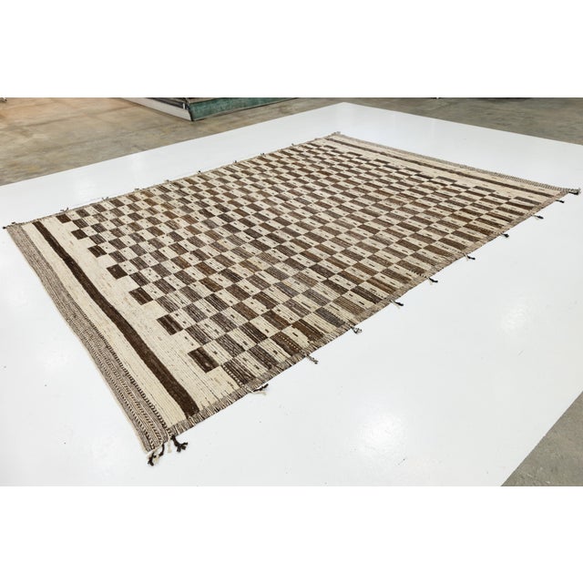 Modern Moroccan Style Checkerboard Wool Rug in Natural Ivory and Chocolate Brown For Sale In New York - Image 6 of 11