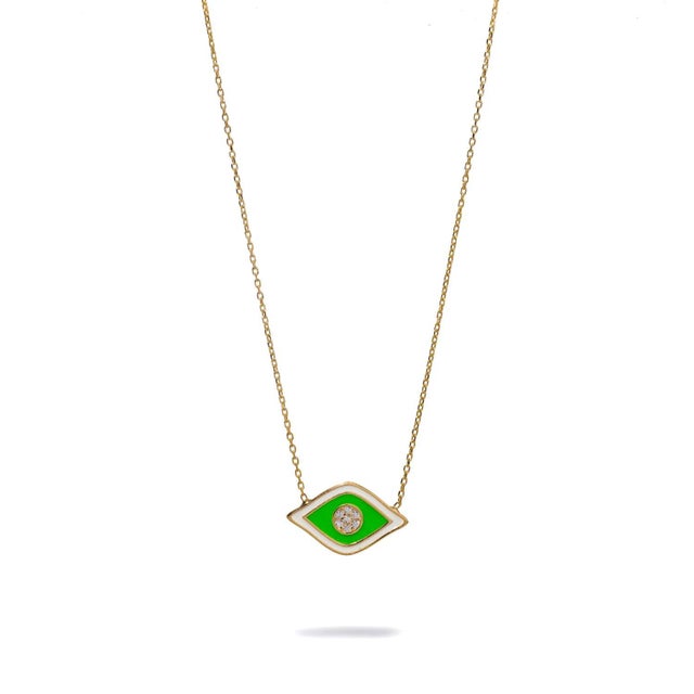 Early 21st Century Vivid Green Enamel Evil Eye Pendant Gold & Diamond Necklace For Sale - Image 5 of 7